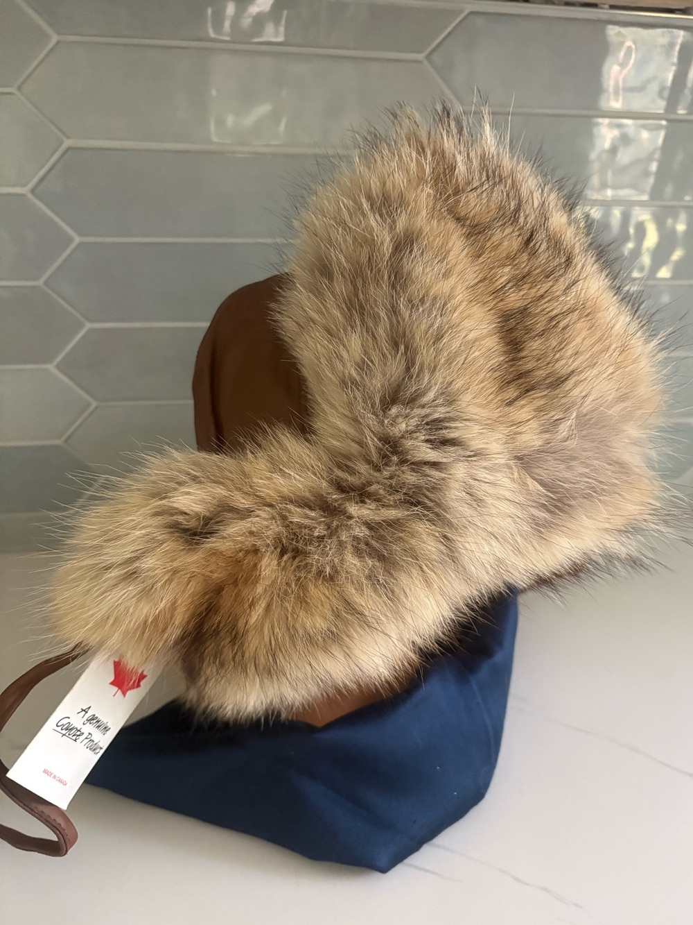 Cabelas Genuine Leather Trapper Hat Real Coyote Fur Ushanka Bomber Canada Made